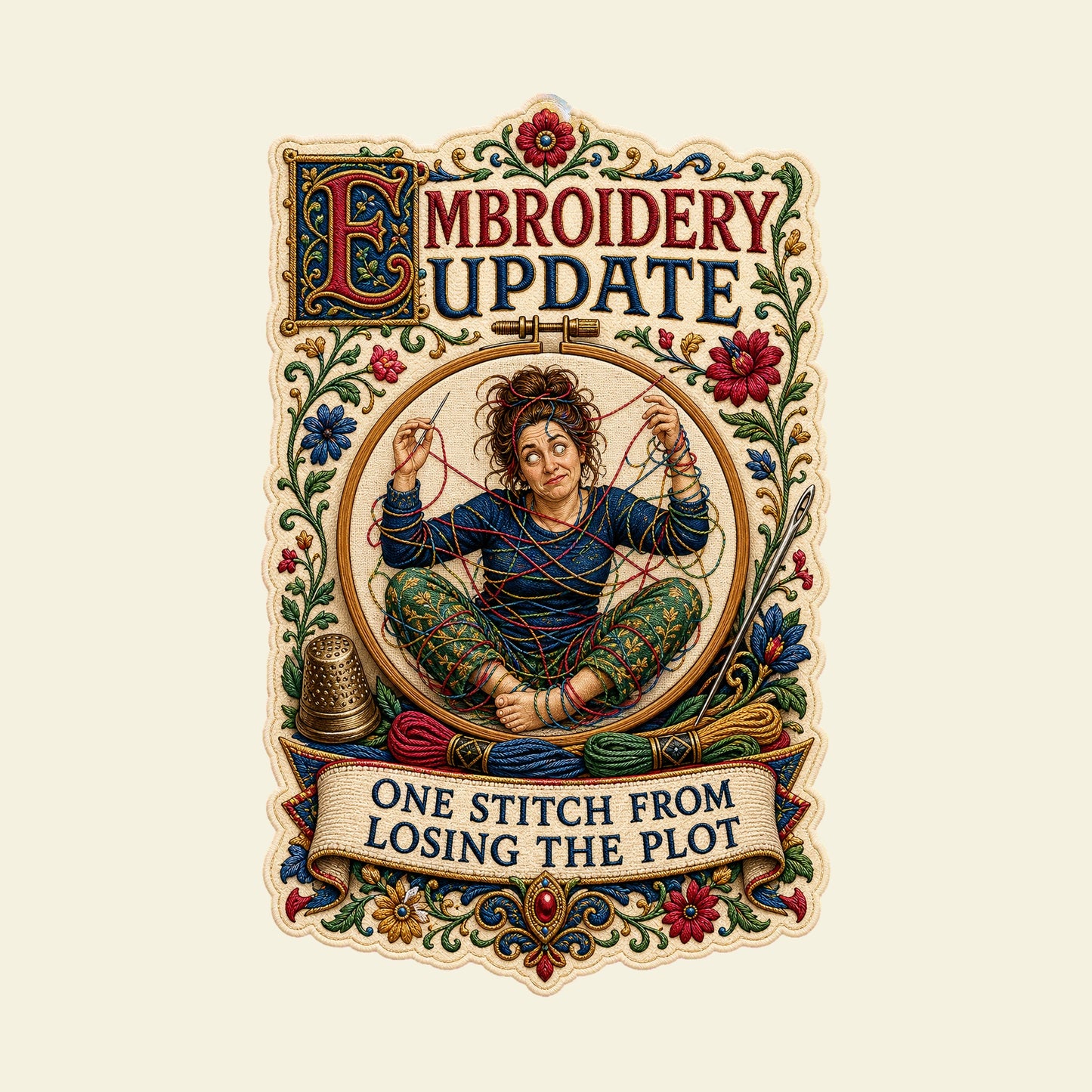 EMBROIDERY UPDATE ONE STITCH FROM LOSING THE PLOT funny embroidery T-shirt artwork