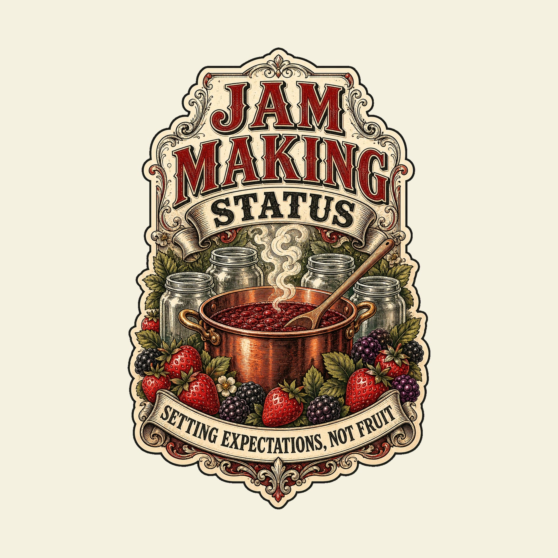 JAM MAKING STATUS SETTING EXPECTATIONS, NOT FRUIT funny jam making T-shirt artwork