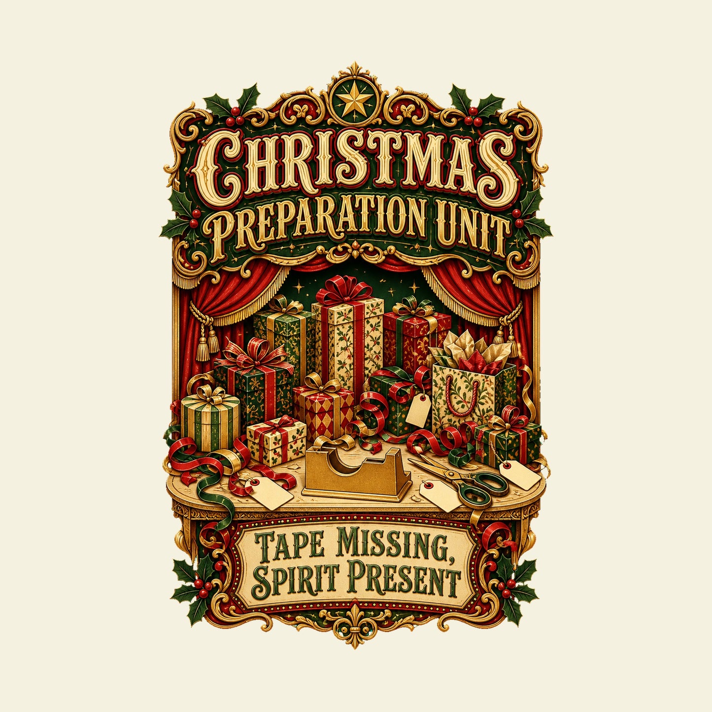CHRISTMAS PREPARATION UNIT TAPE MISSING, SPIRIT PRESENT funny christmas T-shirt artwork