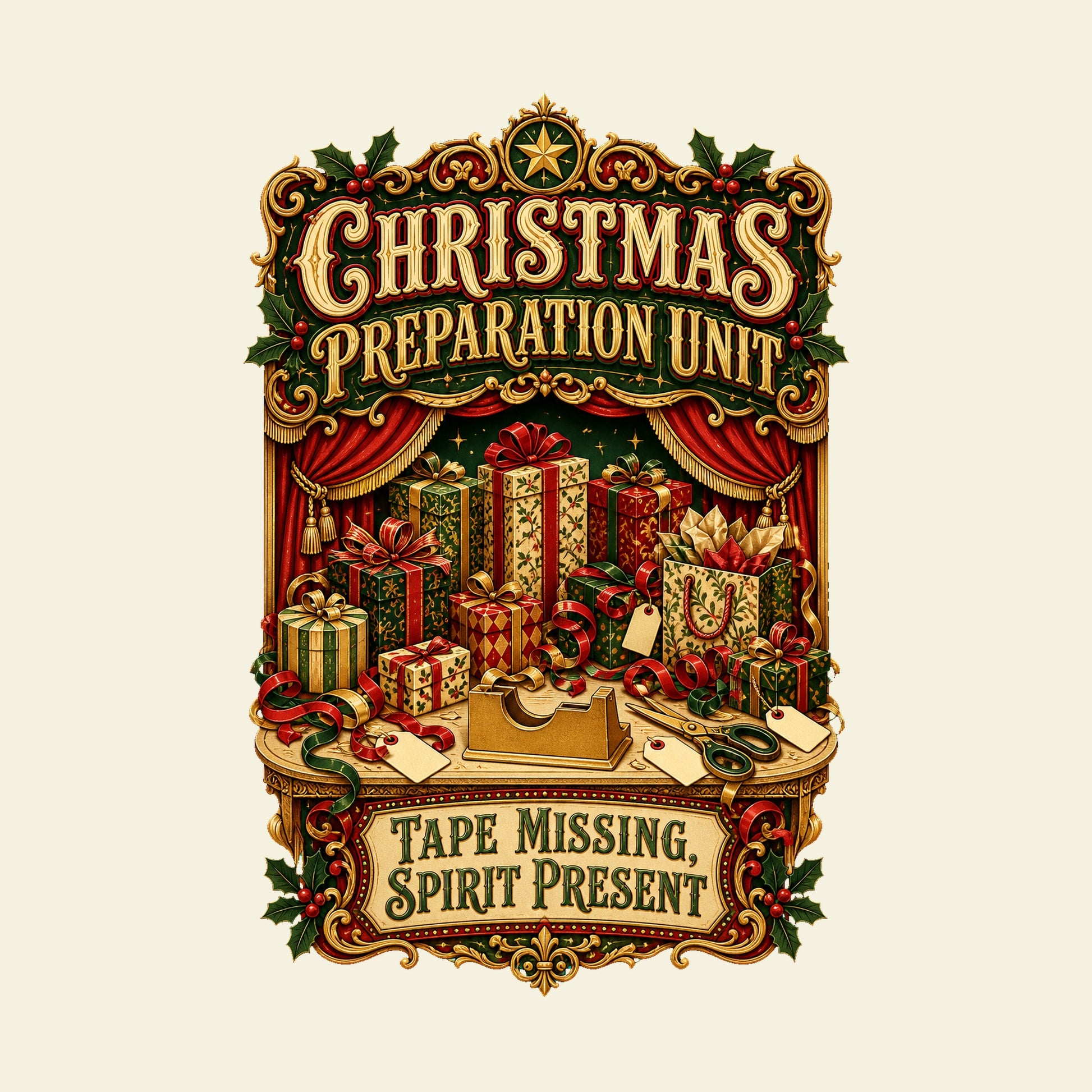 CHRISTMAS PREPARATION UNIT TAPE MISSING, SPIRIT PRESENT funny christmas T-shirt artwork