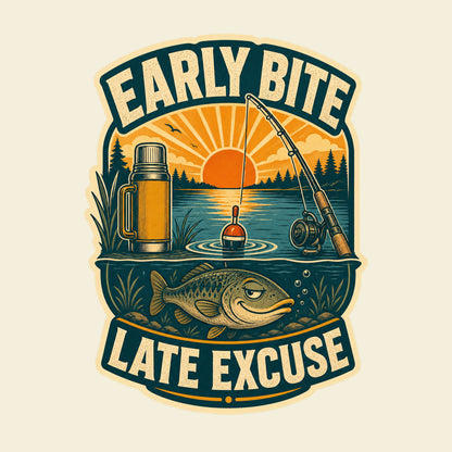 Early Bite. Late Excuse. funny fishing T-shirt artwork