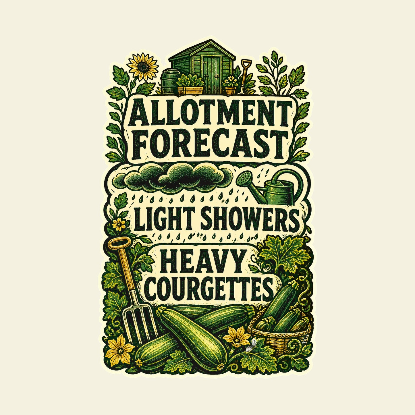 ALLOTMENT FORECAST LIGHT SHOWERS HEAVY COURGETTES funny allotment gardening T-shirt artwork