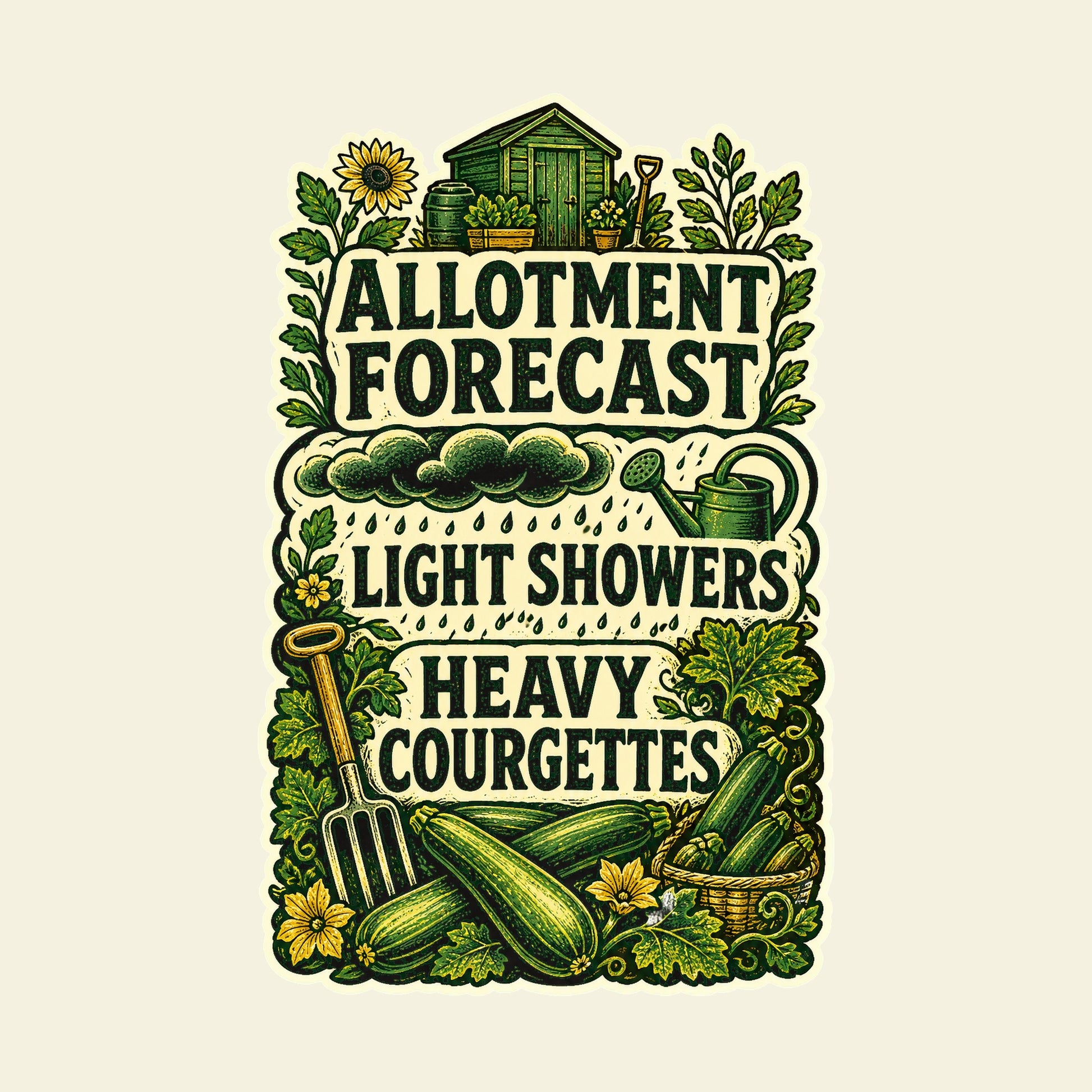 ALLOTMENT FORECAST LIGHT SHOWERS HEAVY COURGETTES funny allotment gardening T-shirt artwork
