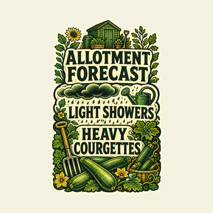 ALLOTMENT FORECAST LIGHT SHOWERS HEAVY COURGETTES funny allotment gardening T-shirt artwork