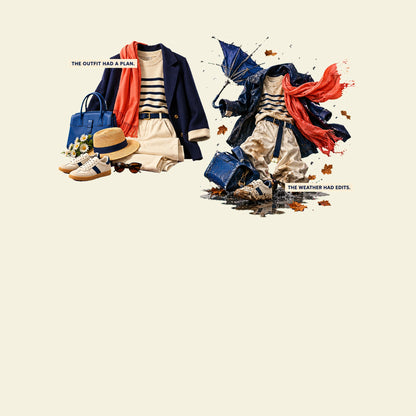 THE OUTFIT HAD A PLAN. THE WEATHER HAD EDITS. funny British weather T-shirt artwork