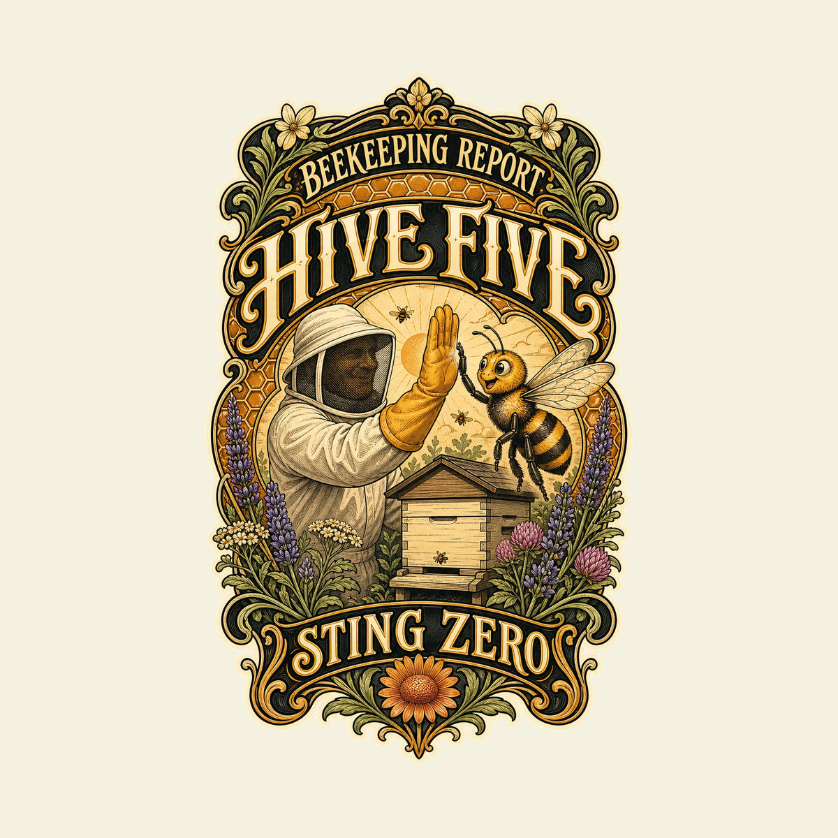 BEEKEEPING REPORT HIVE FIVE STING ZERO funny beekeeping T-shirt artwork