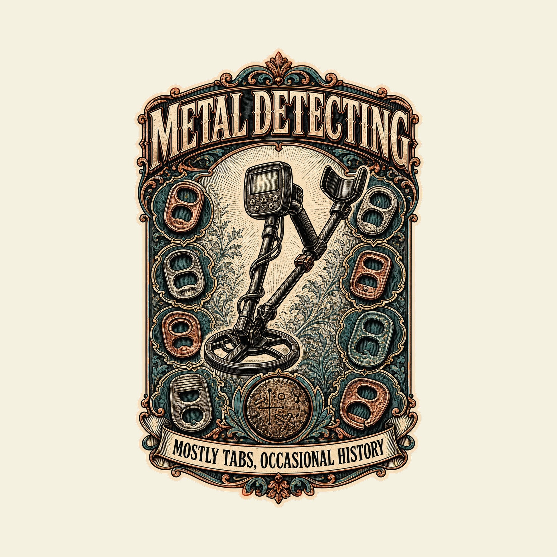 METAL DETECTING MOSTLY TABS, OCCASIONAL HISTORY funny metal detecting T-shirt artwork