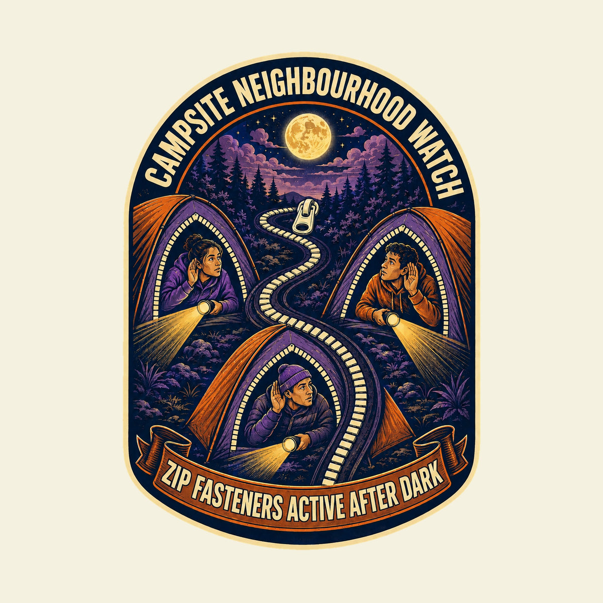 CAMPSITE NEIGHBOURHOOD WATCH ZIP FASTENERS ACTIVE AFTER DARK funny camping T-shirt artwork