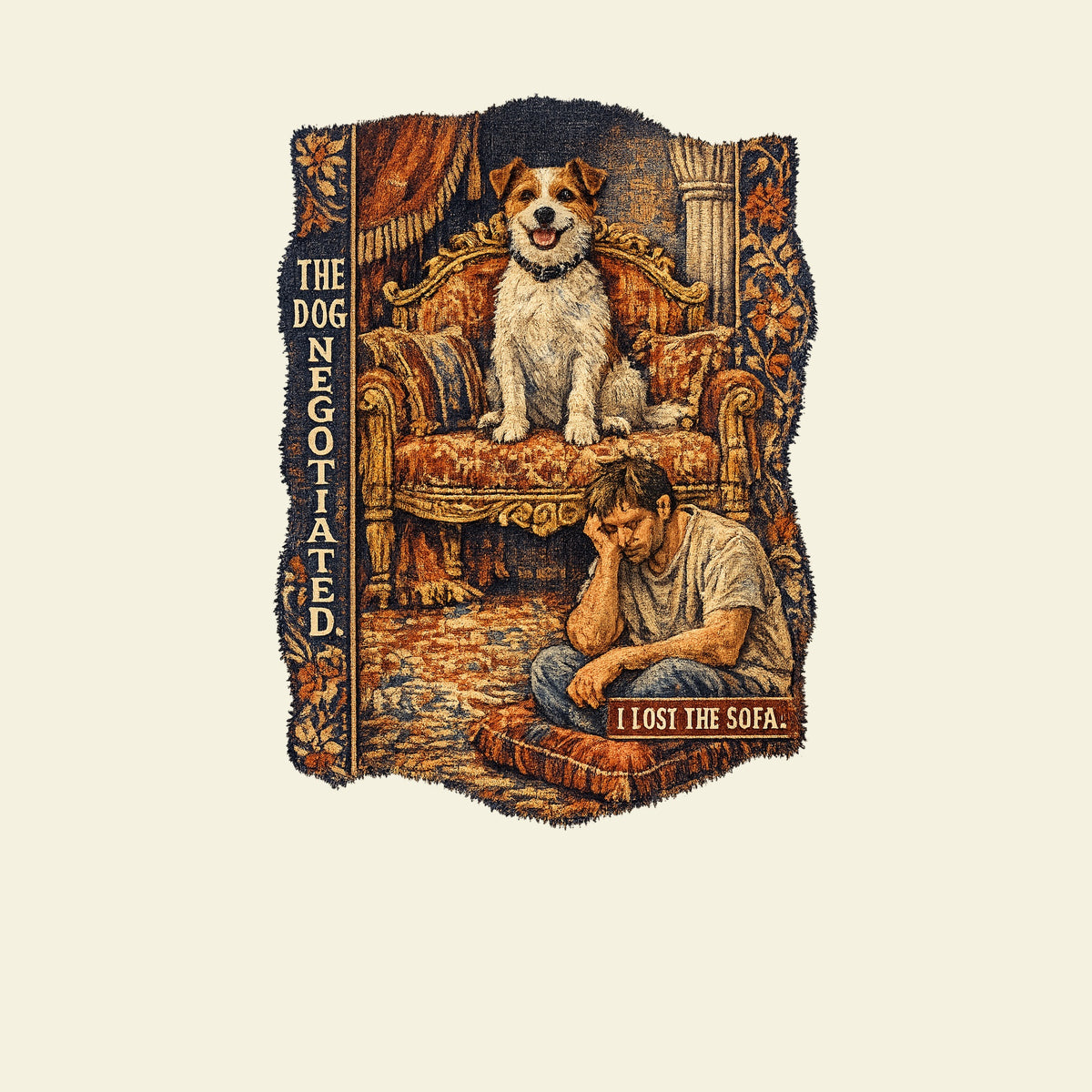 THE DOG NEGOTIATED. I LOST THE SOFA. funny dogs T-shirt artwork
