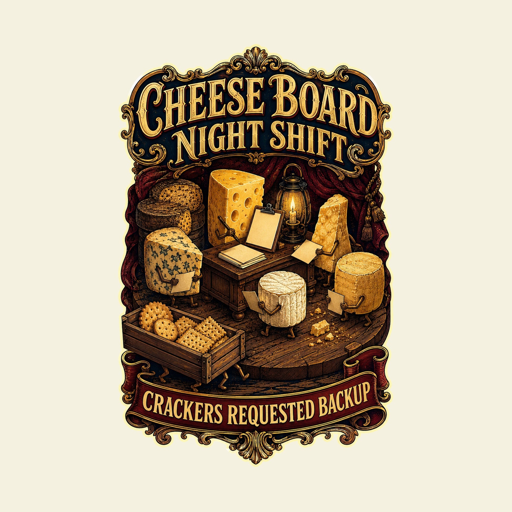 CHEESE BOARD NIGHT SHIFT CRACKERS REQUESTED BACKUP funny cheese T-shirt artwork