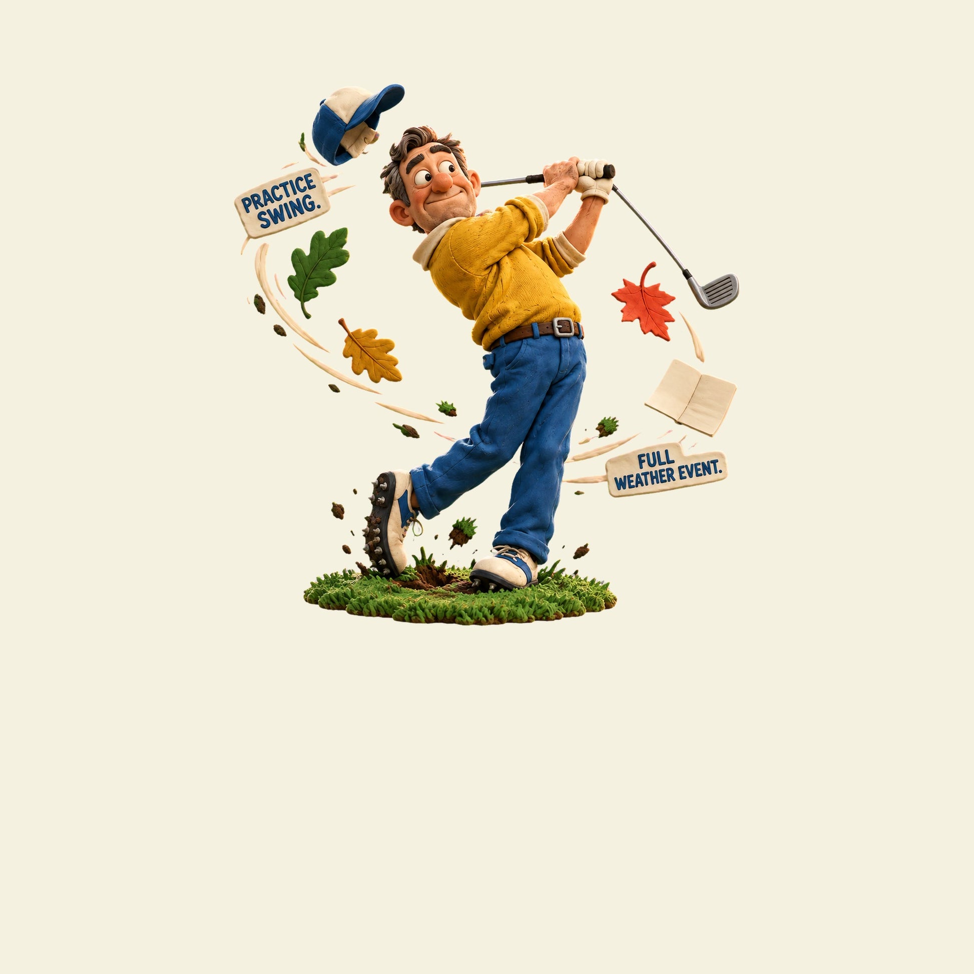 PRACTICE SWING. FULL WEATHER EVENT. funny golf T-shirt artwork