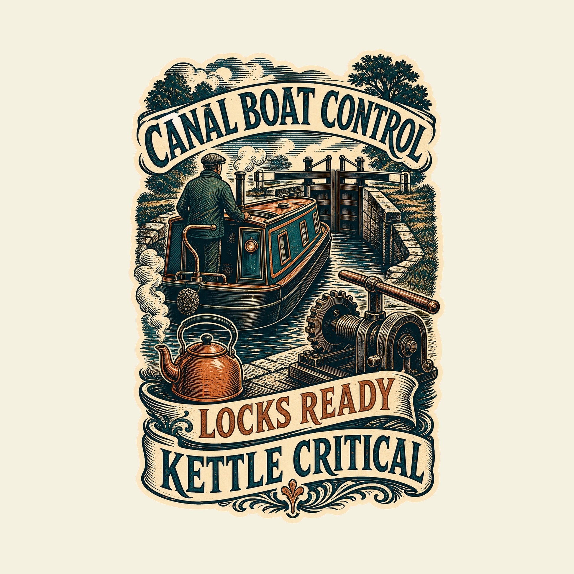 CANAL BOAT CONTROL LOCKS READY KETTLE CRITICAL funny canal boating T-shirt artwork
