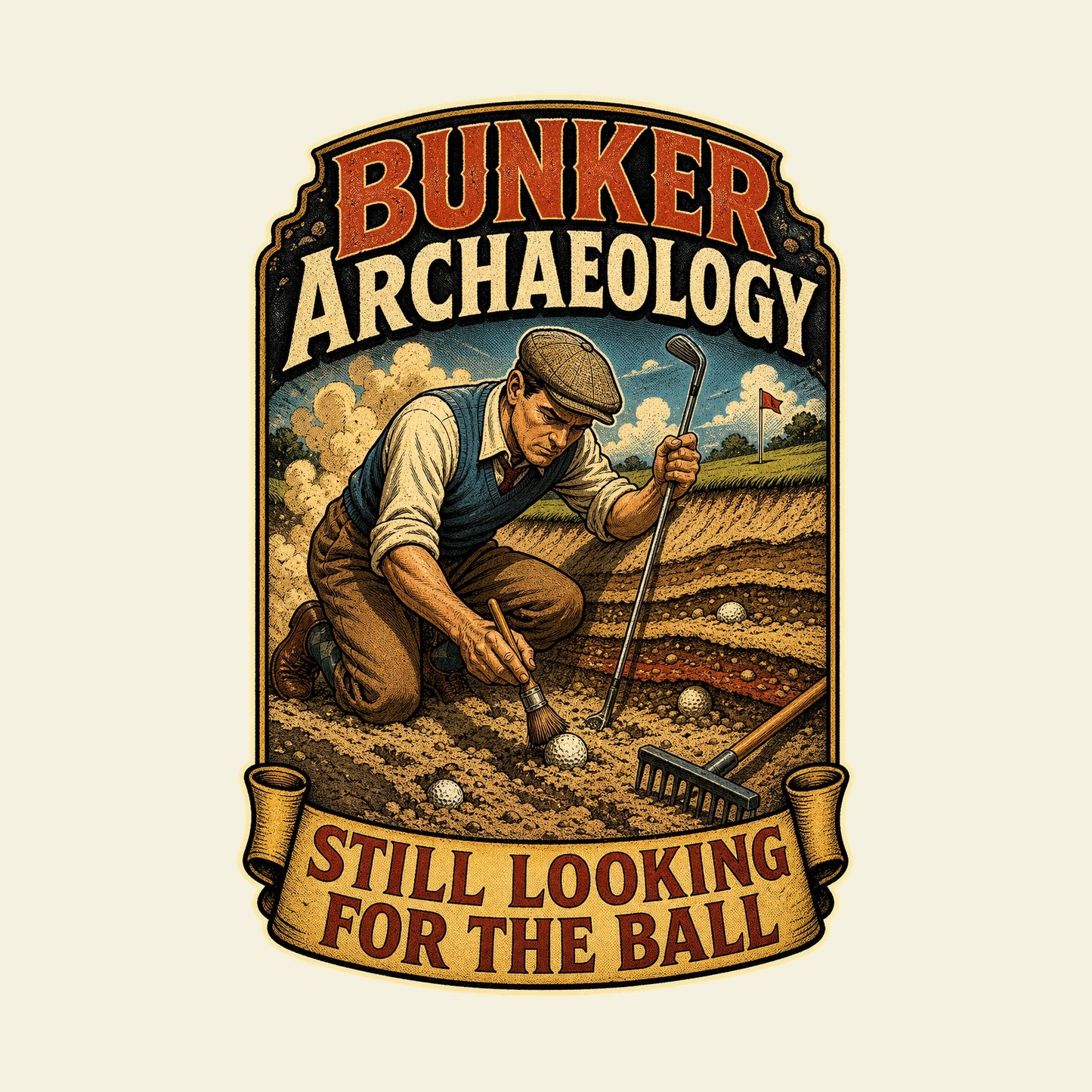 BUNKER ARCHAEOLOGY STILL LOOKING FOR THE BALL funny golf T-shirt artwork