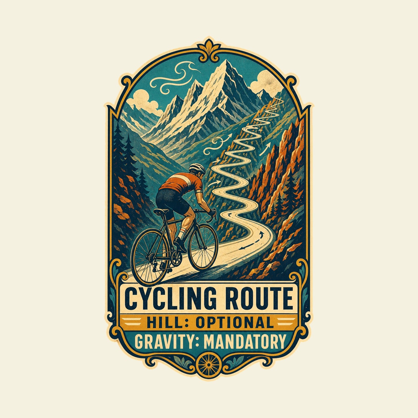 CYCLING ROUTE HILL: OPTIONAL GRAVITY: MANDATORY funny cycling T-shirt artwork