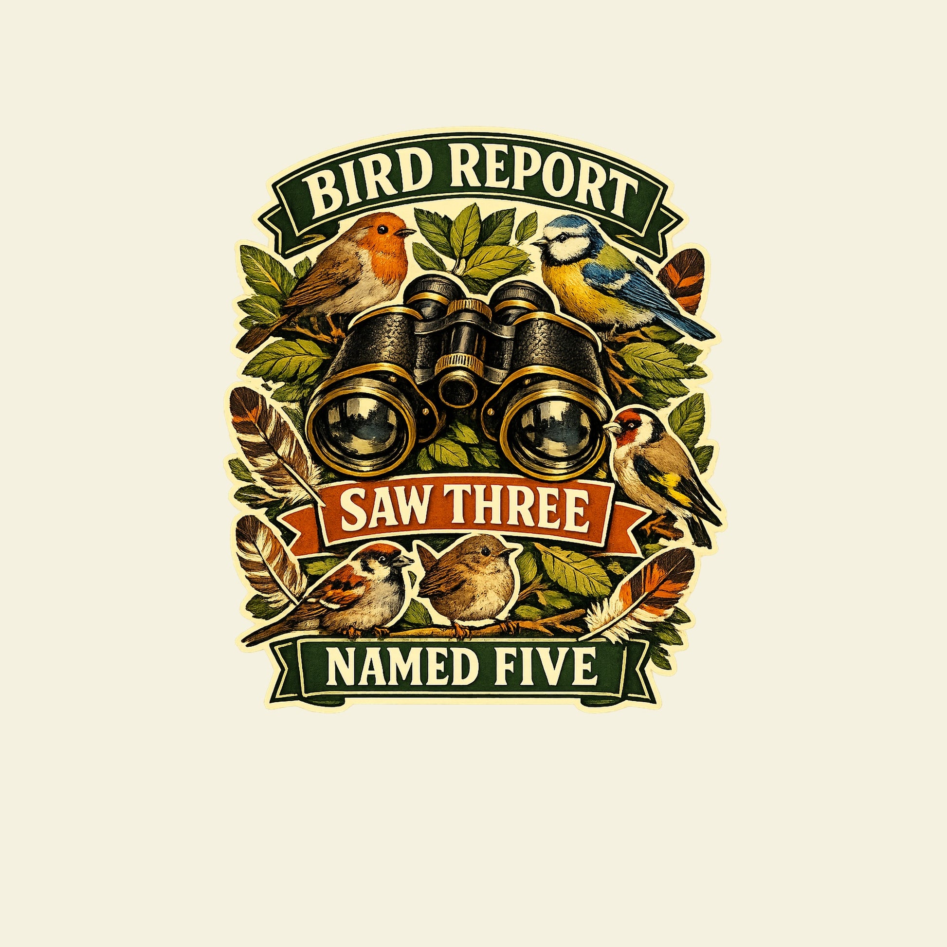 BIRD REPORT SAW THREE NAMED FIVE funny birdwatching T-shirt artwork
