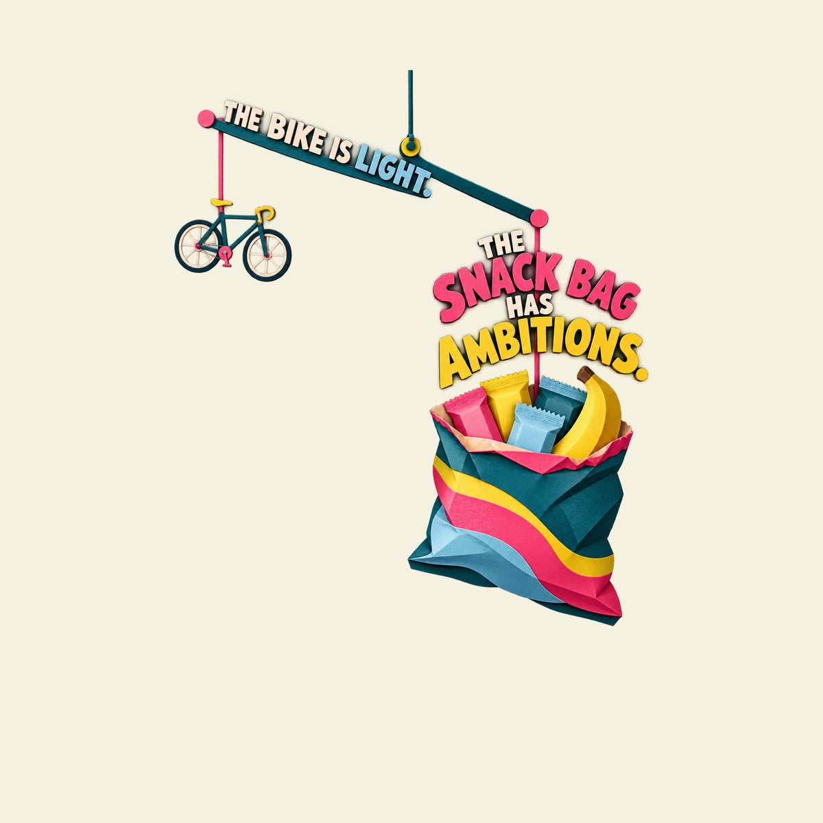 THE BIKE IS LIGHT. THE SNACK BAG HAS AMBITIONS. funny cycling T-shirt artwork