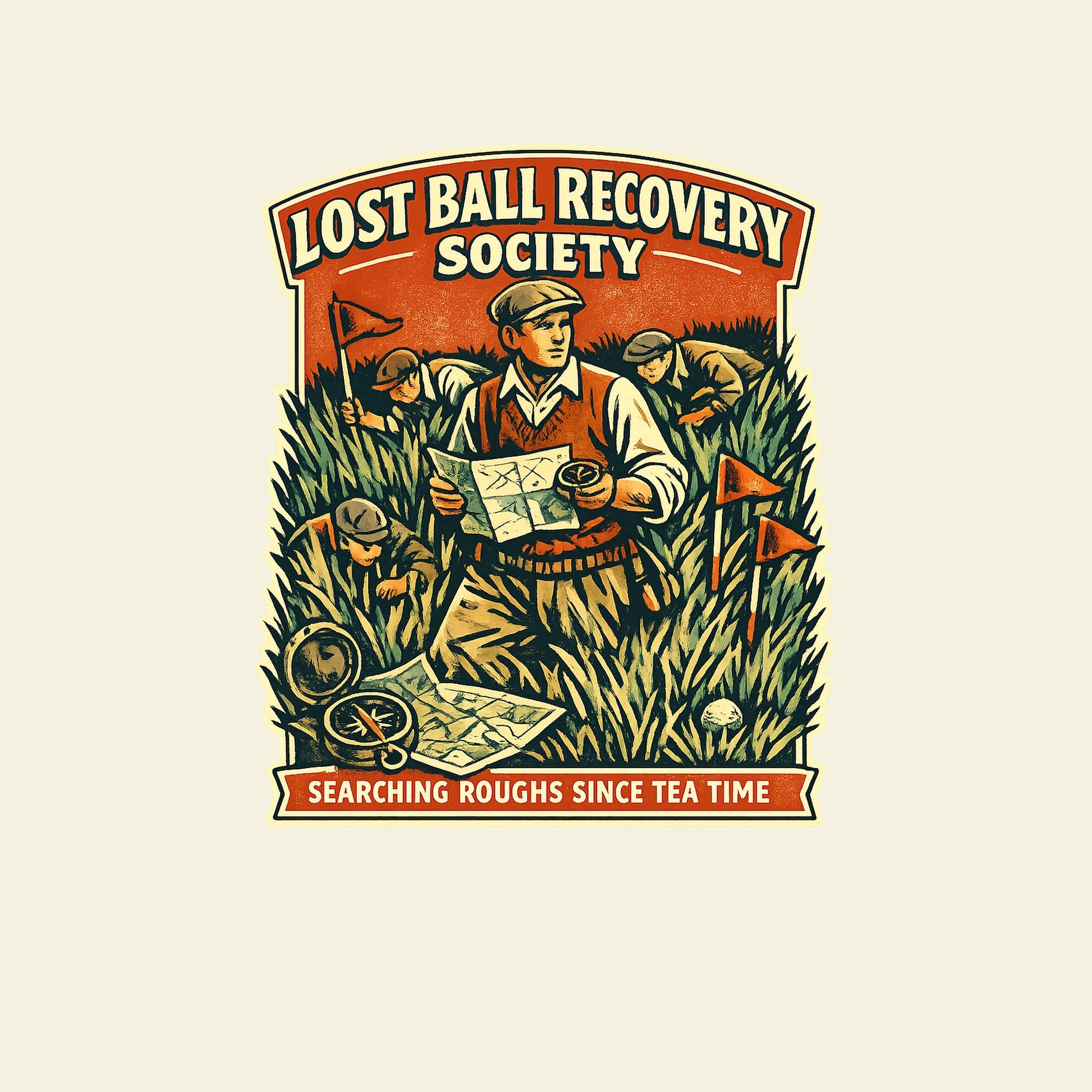 LOST BALL RECOVERY SOCIETY SEARCHING ROUGHS SINCE TEA TIME funny golf T-shirt artwork