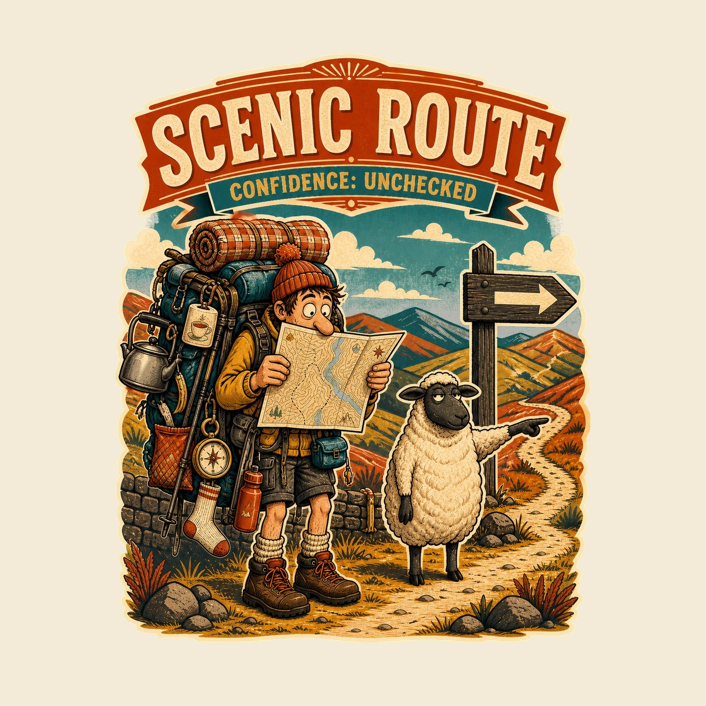 SCENIC ROUTE CONFIDENCE: UNCHECKED funny hiking T-shirt artwork