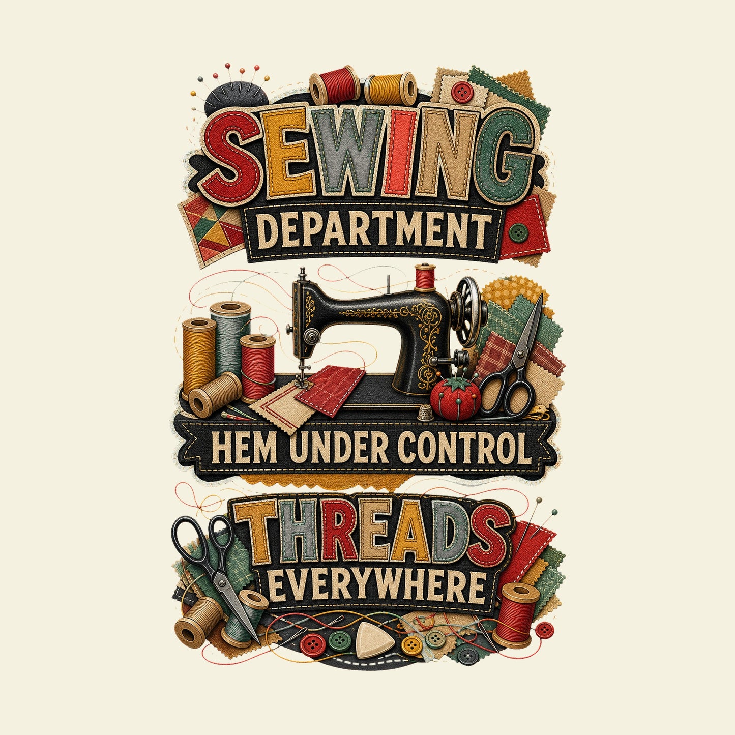 SEWING DEPARTMENT HEM UNDER CONTROL THREADS EVERYWHERE funny sewing T-shirt artwork