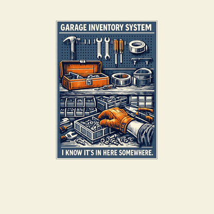 GARAGE INVENTORY SYSTEM I KNOW IT'S IN HERE SOMEWHERE. funny DIY T-shirt artwork