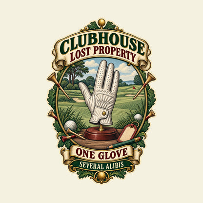 CLUBHOUSE LOST PROPERTY ONE GLOVE SEVERAL ALIBIS funny golf T-shirt artwork