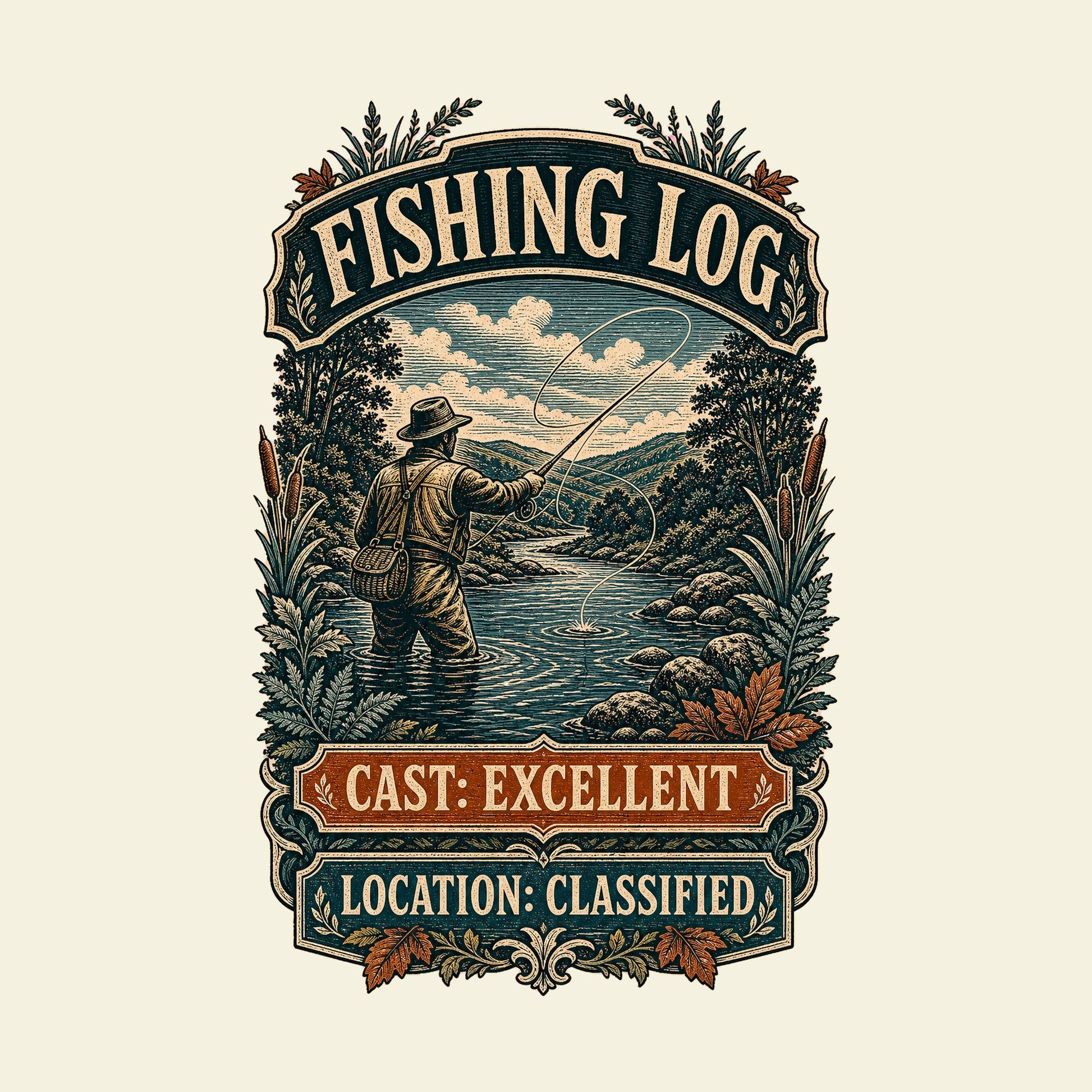 FISHING LOG CAST: EXCELLENT LOCATION: CLASSIFIED funny fishing T-shirt artwork