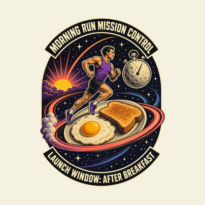 MORNING RUN MISSION CONTROL LAUNCH WINDOW: AFTER BREAKFAST funny running T-shirt artwork