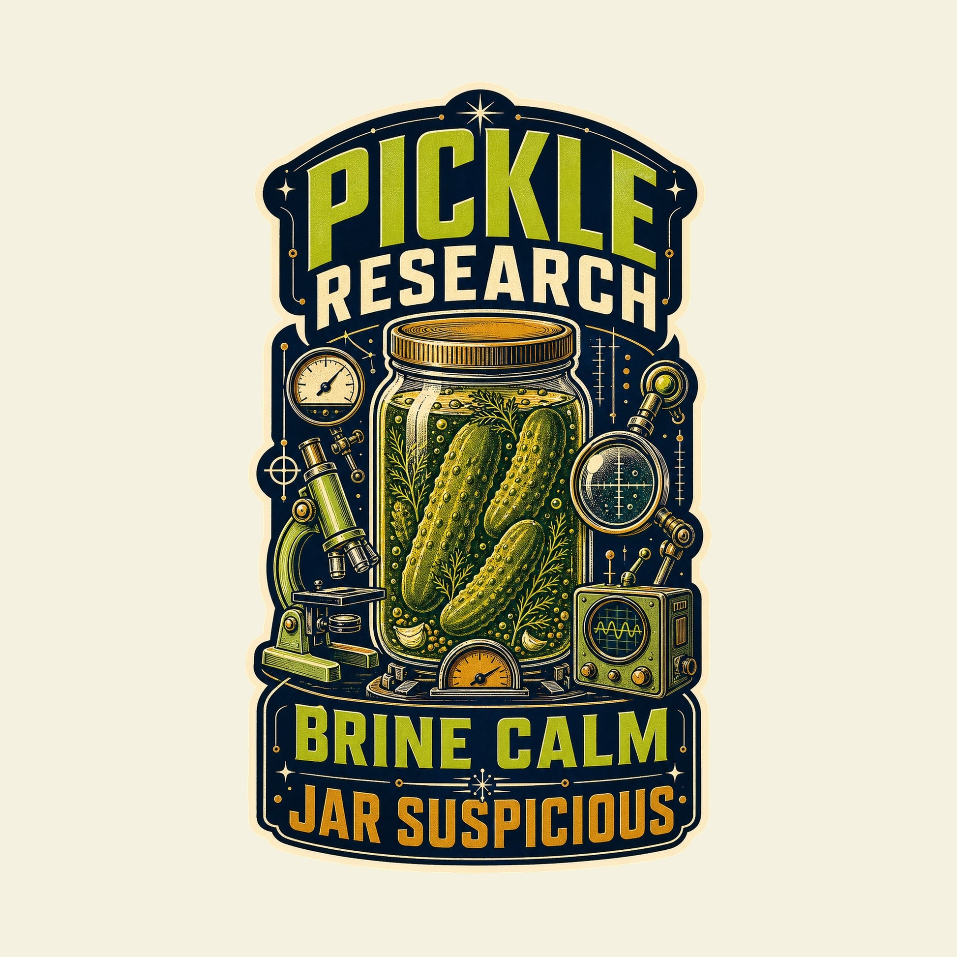 PICKLE RESEARCH BRINE CALM JAR SUSPICIOUS funny pickles T-shirt artwork