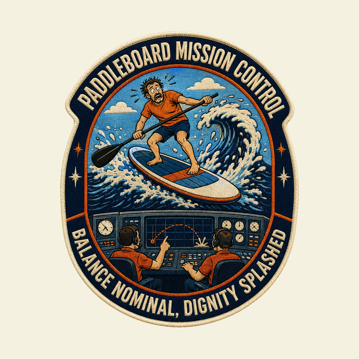 PADDLEBOARD MISSION CONTROL BALANCE NOMINAL, DIGNITY SPLASHED funny paddleboarding T-shirt artwork