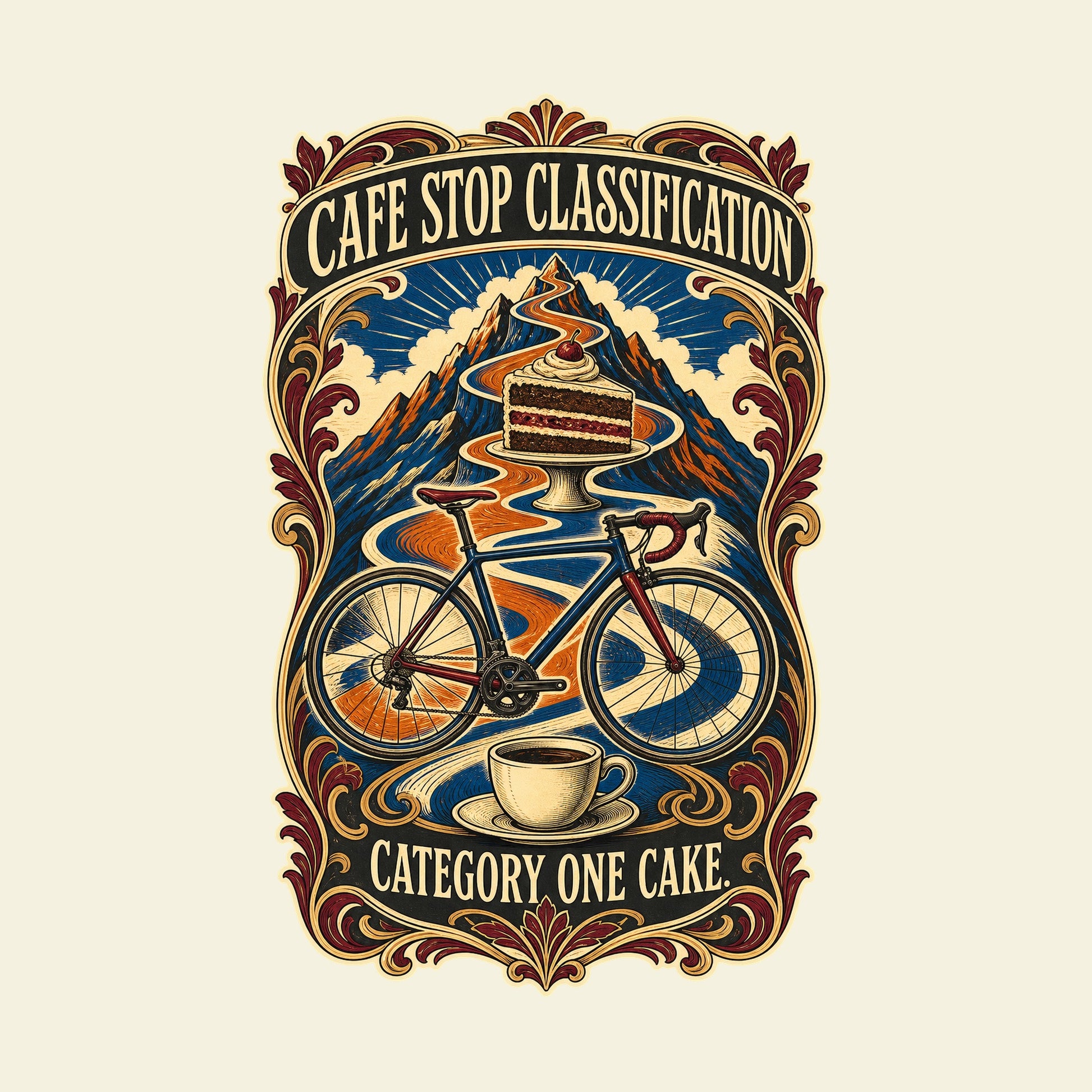 CAFE STOP CLASSIFICATION CATEGORY ONE CAKE. funny cycling T-shirt artwork