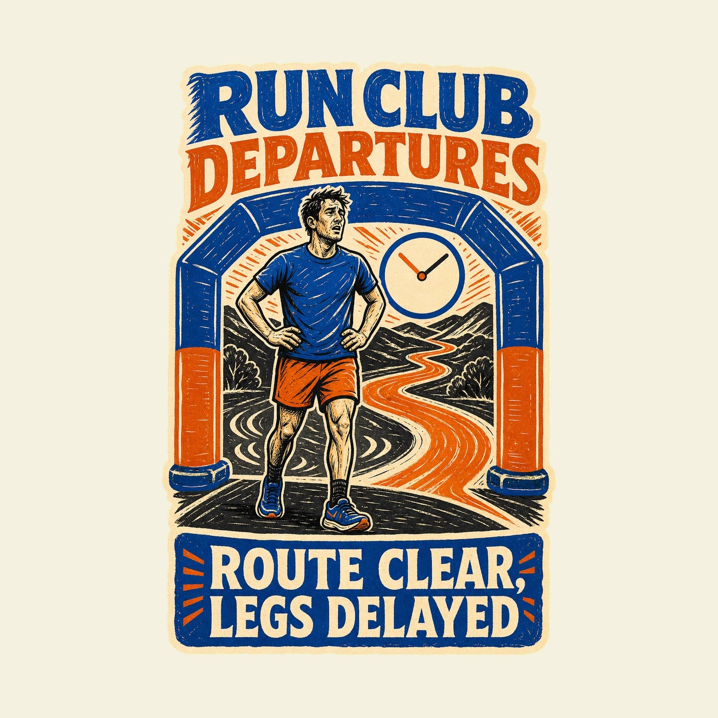RUN CLUB DEPARTURES ROUTE CLEAR, LEGS DELAYED funny running T-shirt artwork