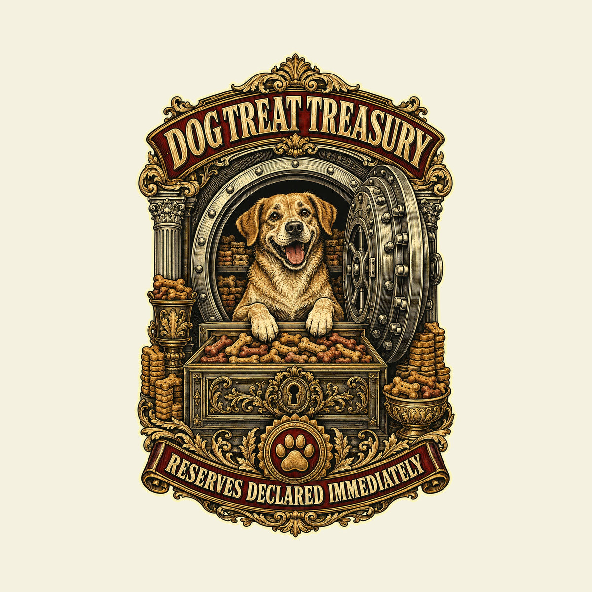 DOG TREAT TREASURY RESERVES DECLARED IMMEDIATELY funny dog T-shirt artwork