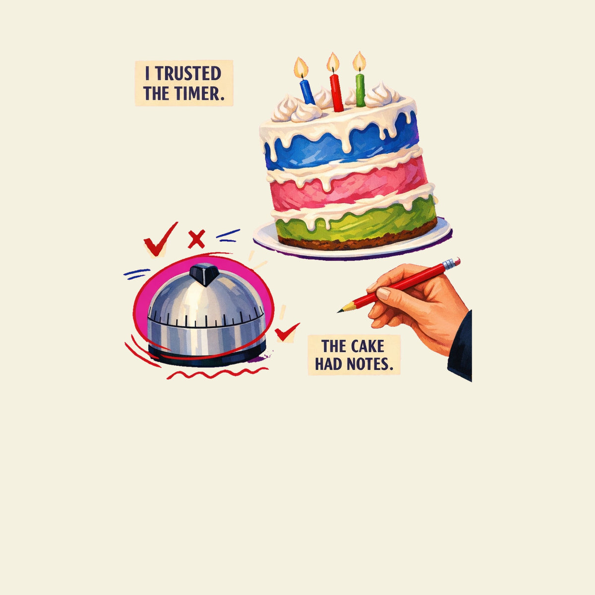 I TRUSTED THE TIMER. THE CAKE HAD NOTES. funny baking T-shirt artwork