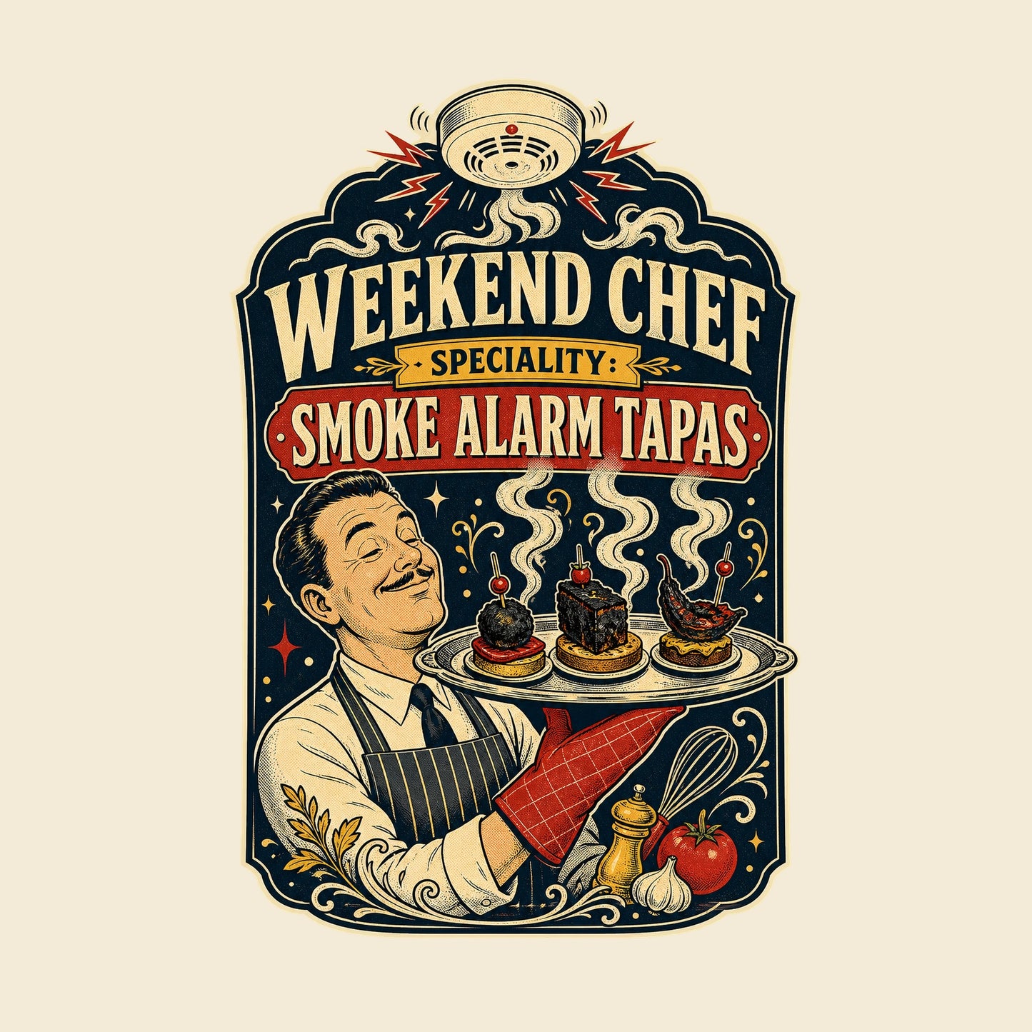 WEEKEND CHEF SPECIALITY SMOKE ALARM TAPAS funny cooking T-shirt artwork