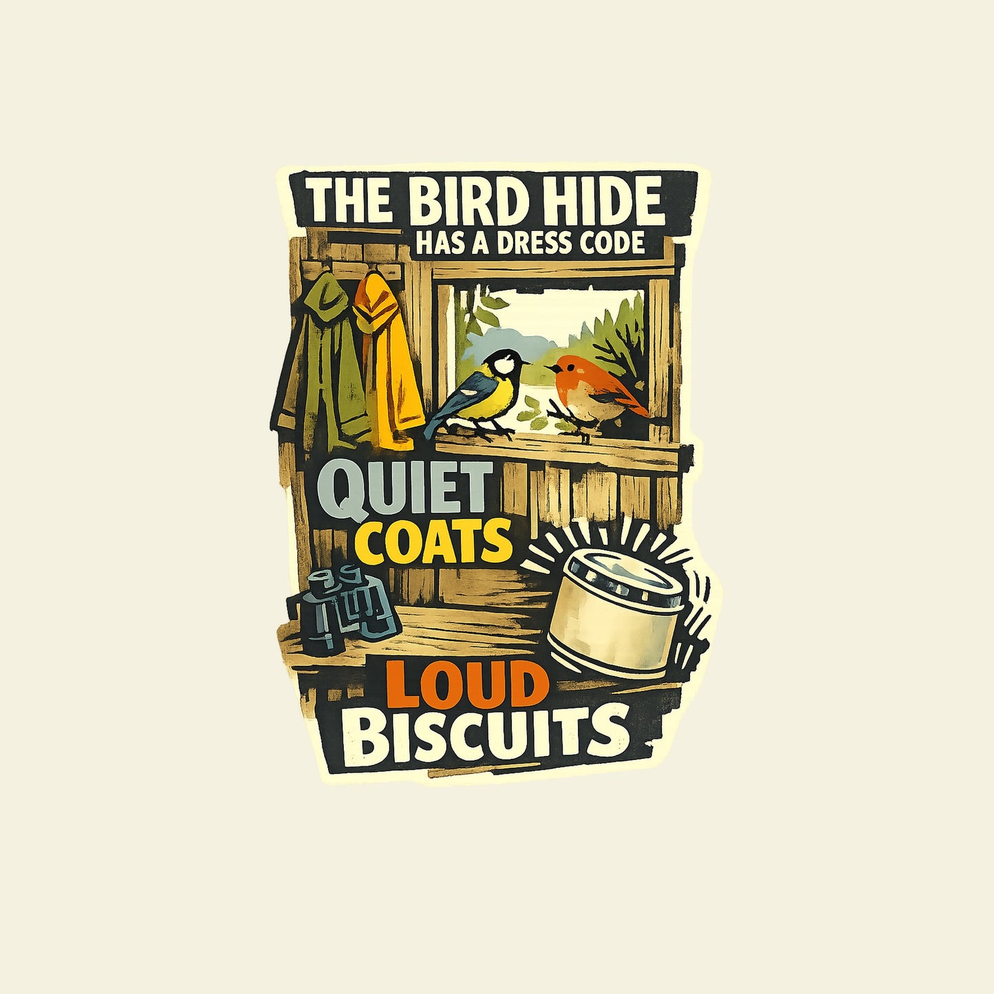 THE BIRD HIDE HAS A DRESS CODE QUIET COATS LOUD BISCUITS funny birdwatching T-shirt artwork