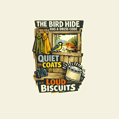 THE BIRD HIDE HAS A DRESS CODE QUIET COATS LOUD BISCUITS funny birdwatching T-shirt artwork