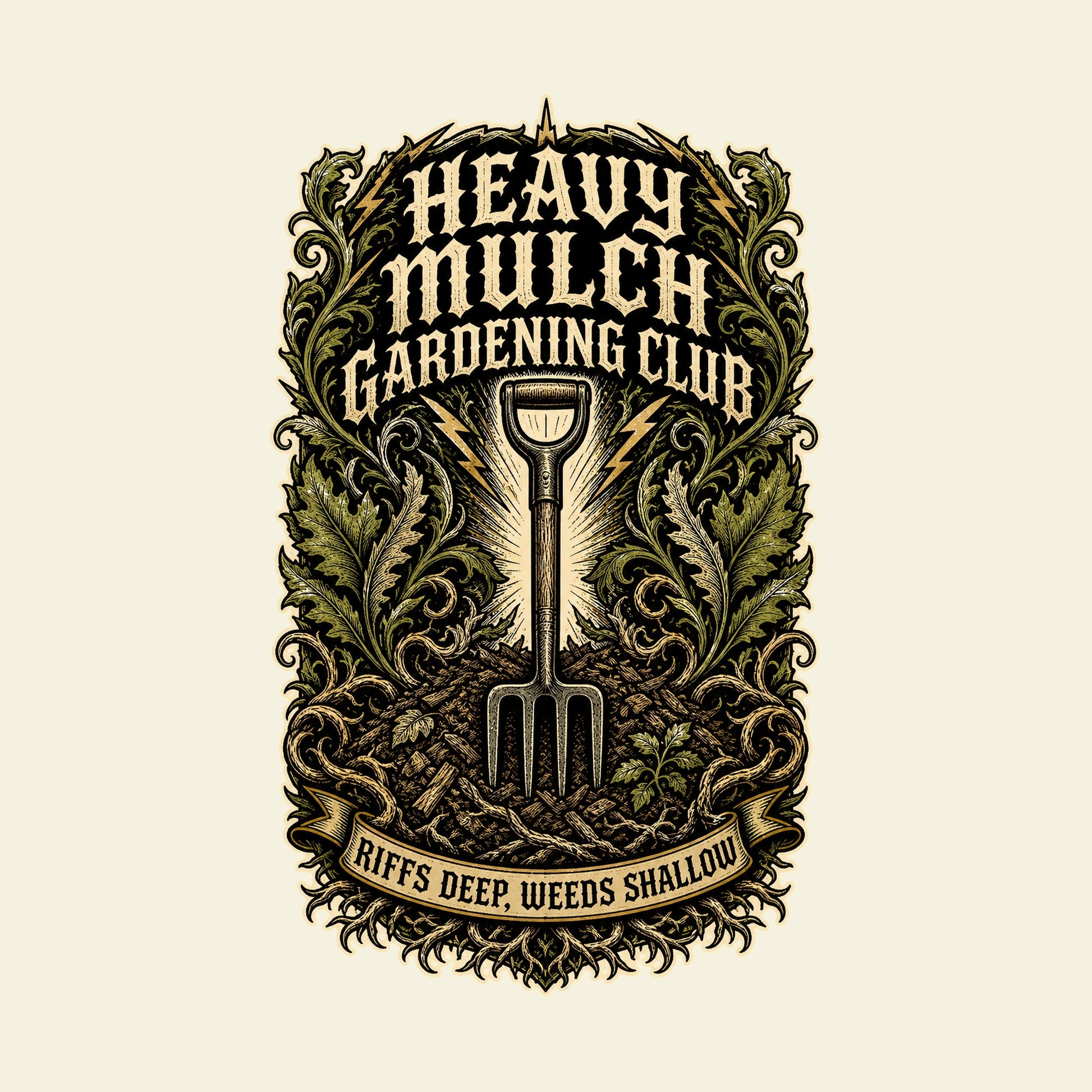 HEAVY MULCH GARDENING CLUB RIFFS DEEP, WEEDS SHALLOW funny gardening T-shirt artwork
