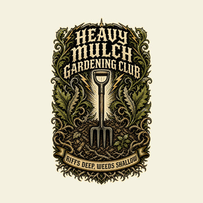 HEAVY MULCH GARDENING CLUB RIFFS DEEP, WEEDS SHALLOW funny gardening T-shirt artwork