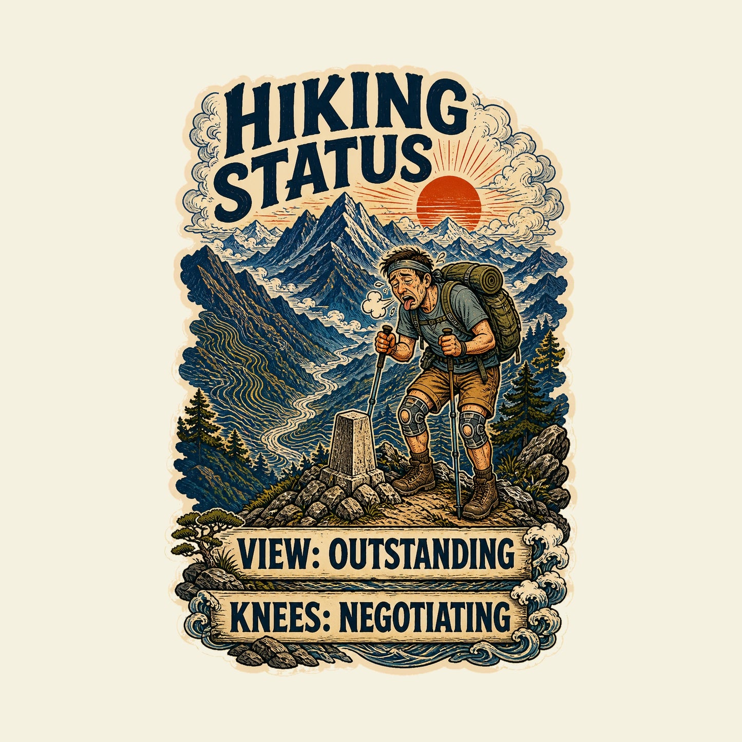 HIKING STATUS VIEW: OUTSTANDING KNEES: NEGOTIATING funny hiking T-shirt artwork