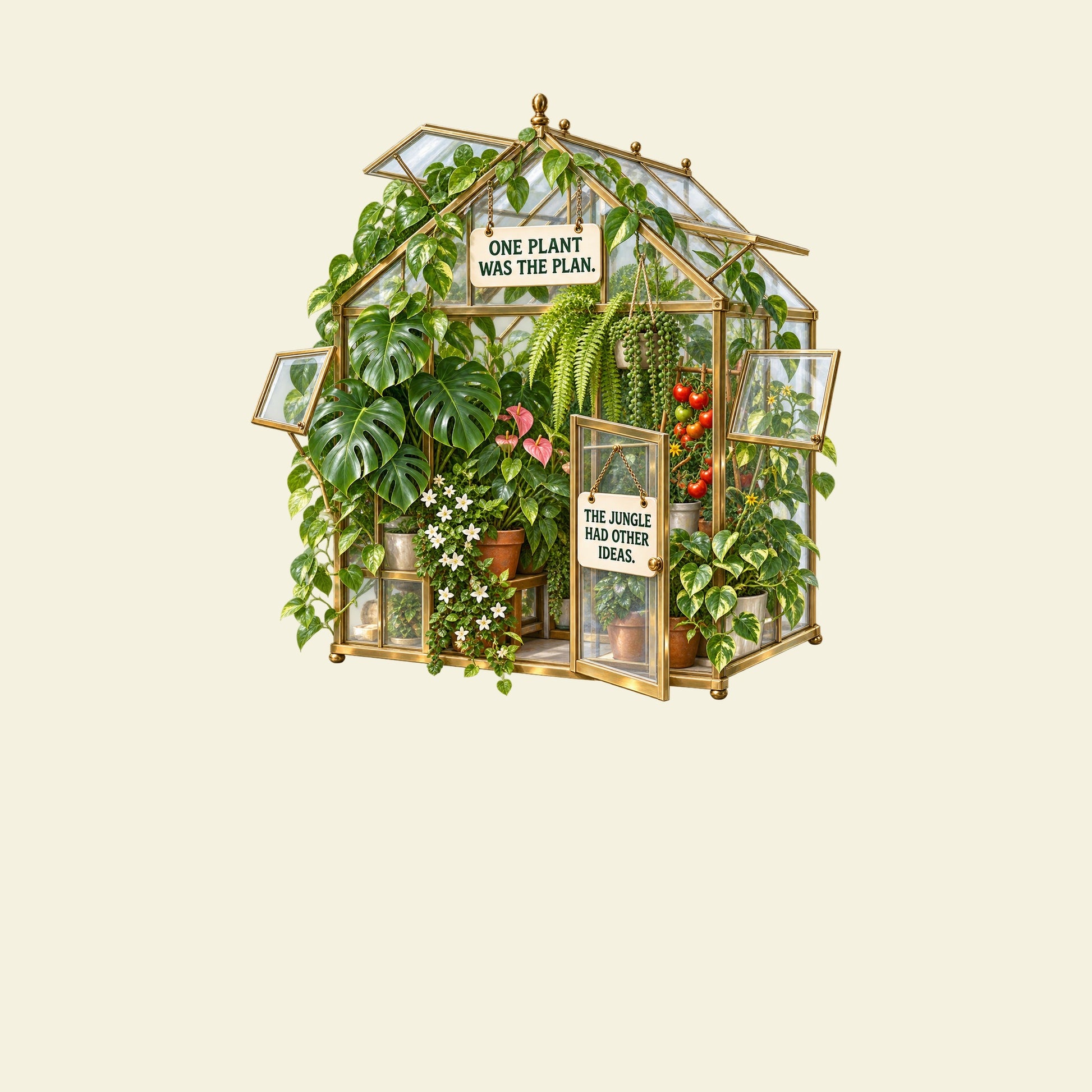 ONE PLANT WAS THE PLAN. THE JUNGLE HAD OTHER IDEAS. funny gardening T-shirt artwork