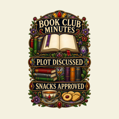 BOOK CLUB MINUTES PLOT DISCUSSED SNACKS APPROVED funny book club T-shirt artwork